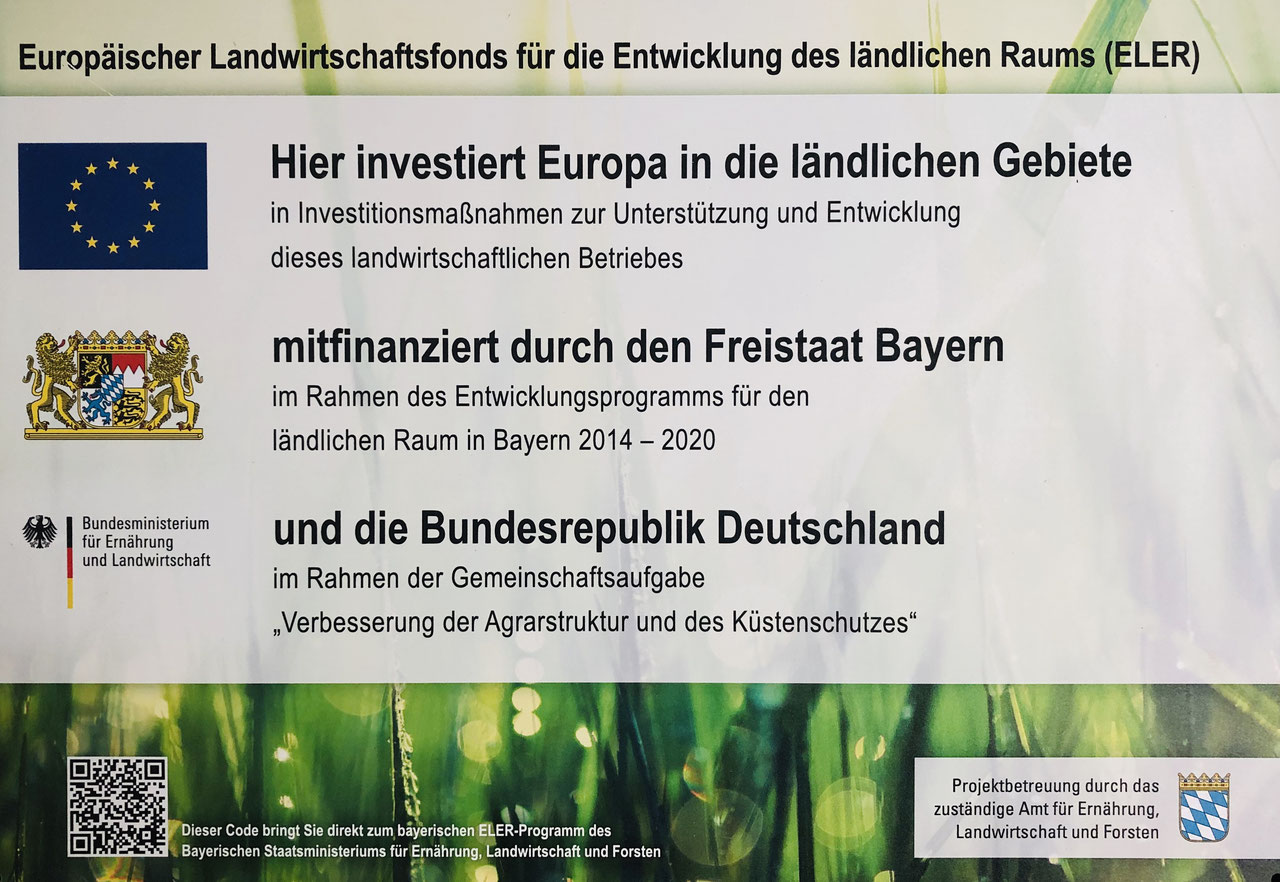 Original-Fördertafel zum Neubau: ELER, Freistaat Bayern und Bundesrepublik Deutschland; Programm für den ländlichen Raum 2014–2020